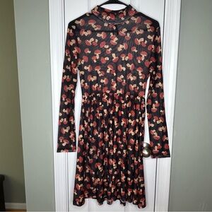 Dangerfield Sheer Black Mesh Mushroom Print Unique Alt Goth Mock Neck Dress 6